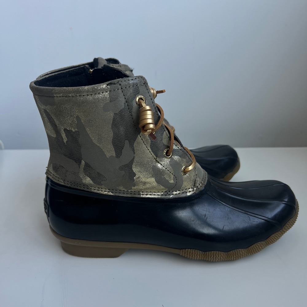 Sperry Saltwater Duck Boots Womens 10 Gold Metallic Camo Black STS86694